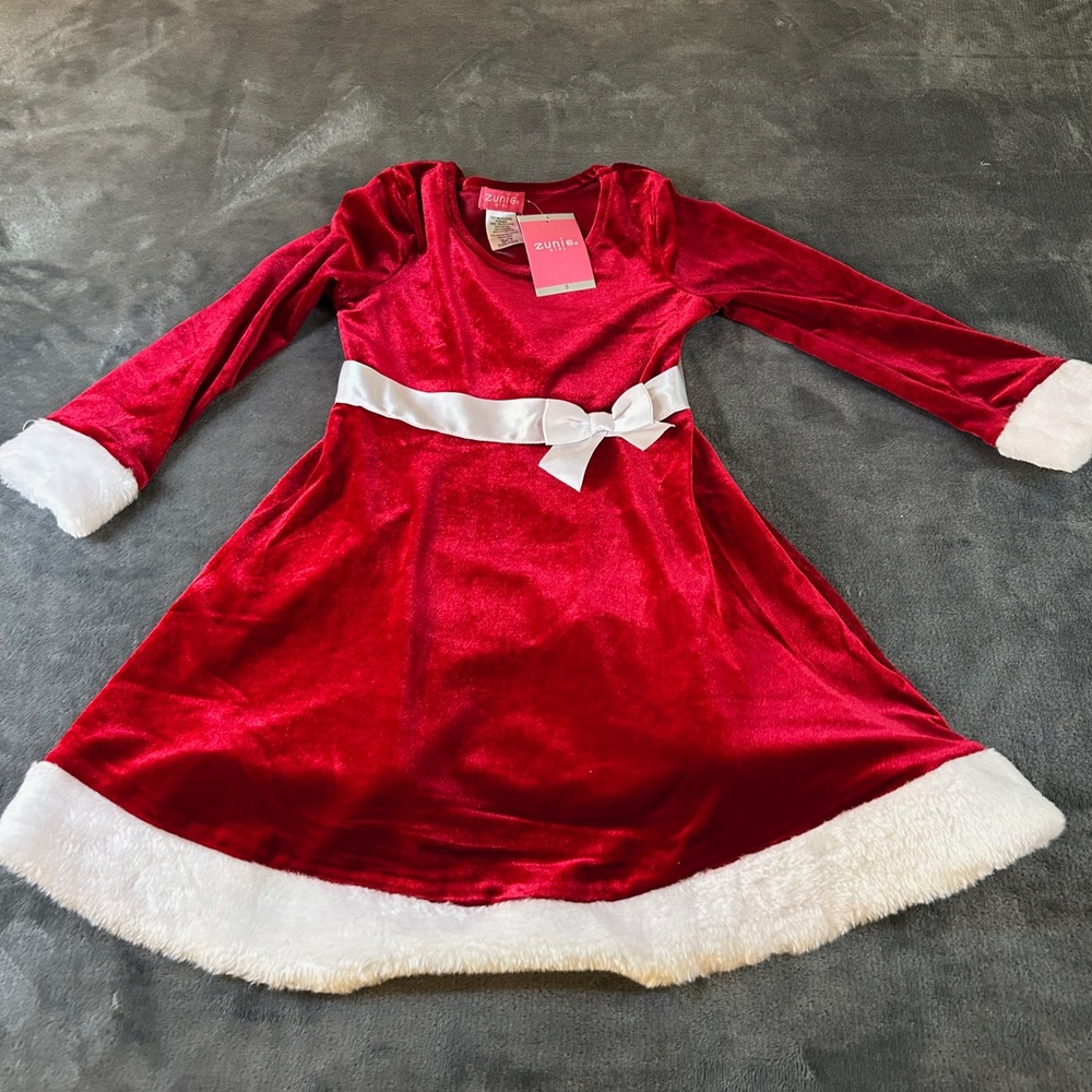 Zunie Girl Christmas Dress Holiday Santa Velvet Stretch Red White Youth Size 5